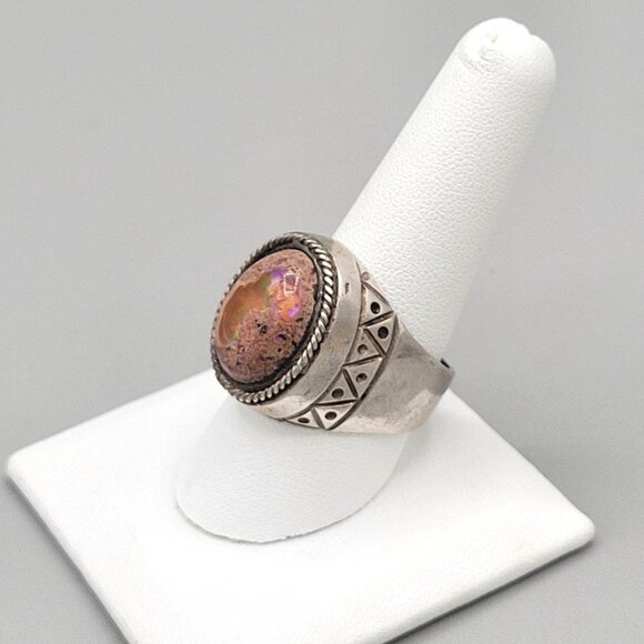 Mexican Cantera Fire Opal Mens Ring Sterling Silver Twisted Rope Border 9 3/4 - Picture 2 of 11
